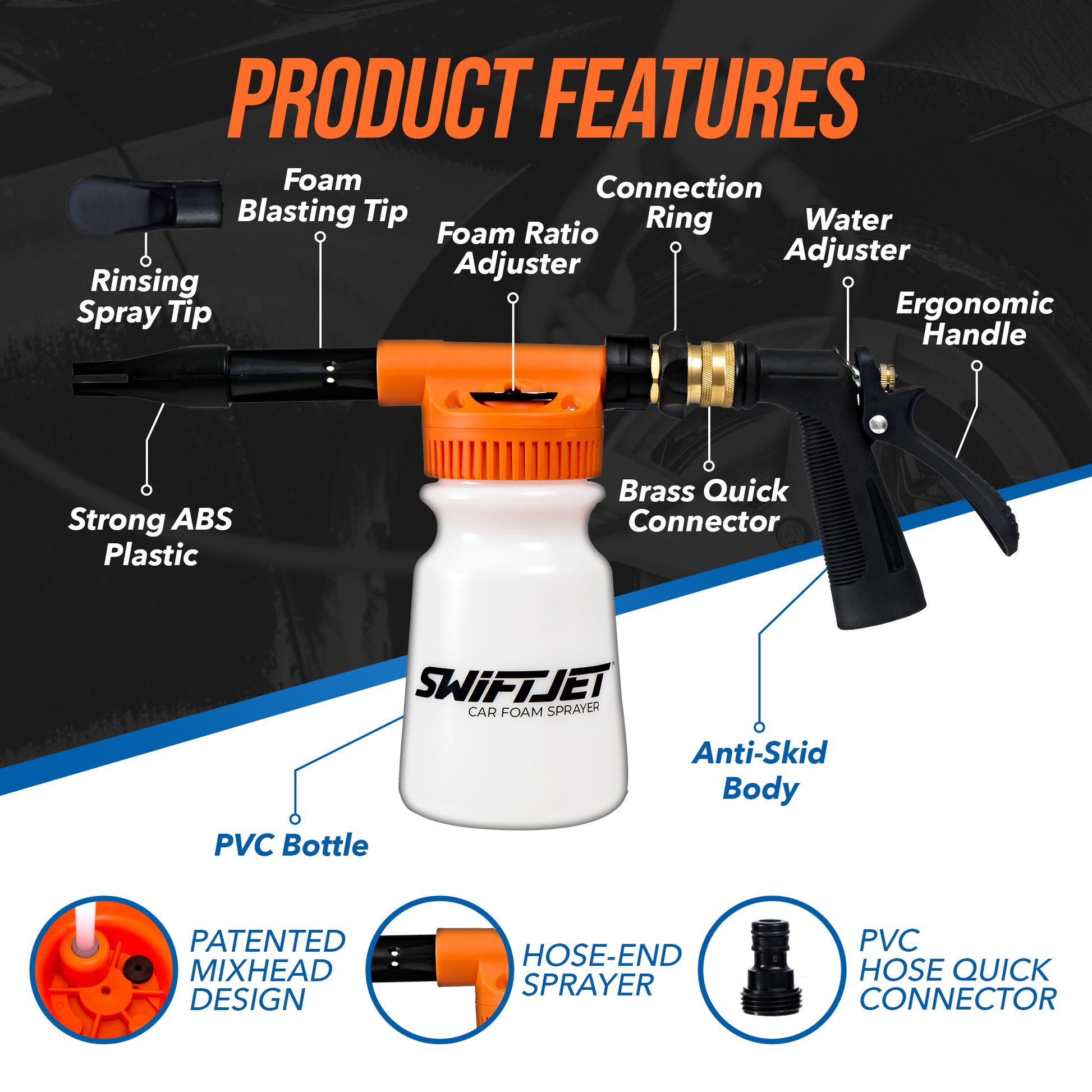 Car Wash Foam Gun + Free Microfiber Wash Mitt (Choose Orange, Blue or Black)