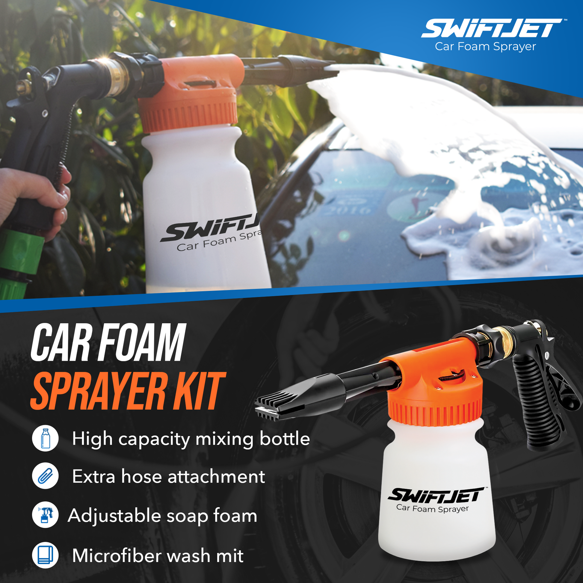 Car Wash Foam Gun + Free Microfiber Wash Mitt (Choose Orange, Blue or Black)